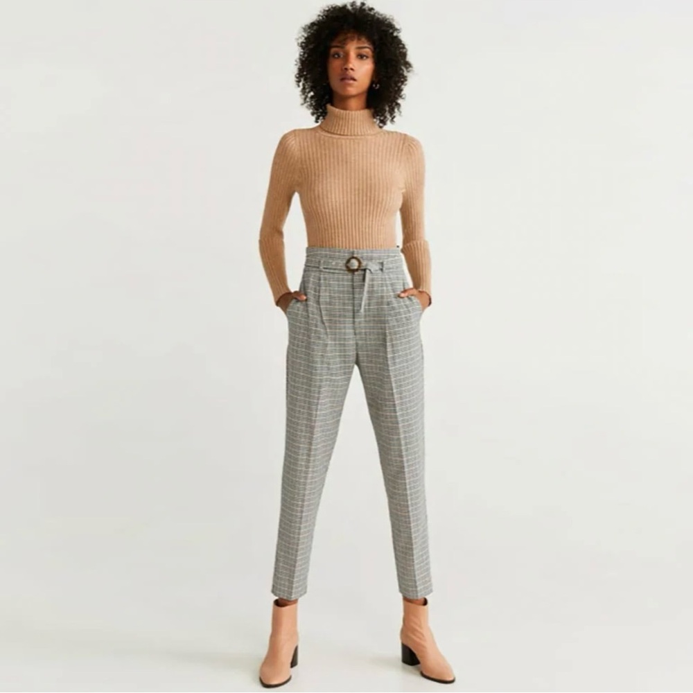 MNG Mango Basics Plaid High-Rise Belted Paper Bag Trousers - Size 6